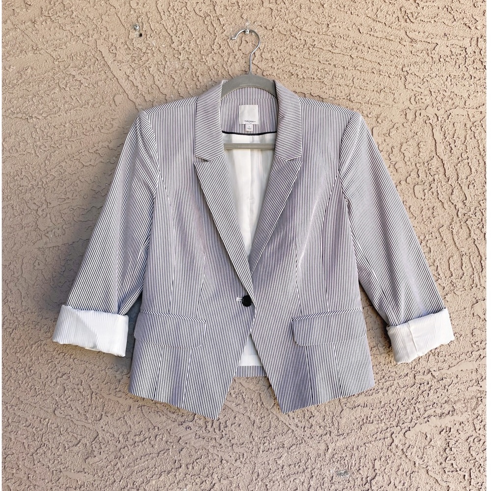 HALOGEN Blue & White Striped Pinstripe Stretch Cotton Suit Jacket Blazer